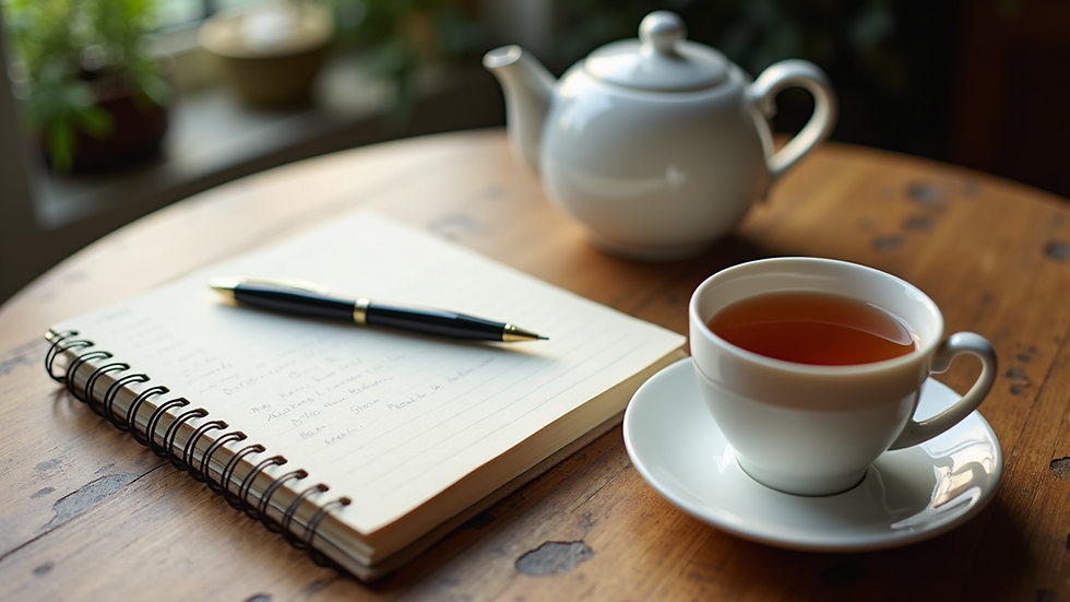 High angle view of a journal, pen, and cup of tea on a wooden table