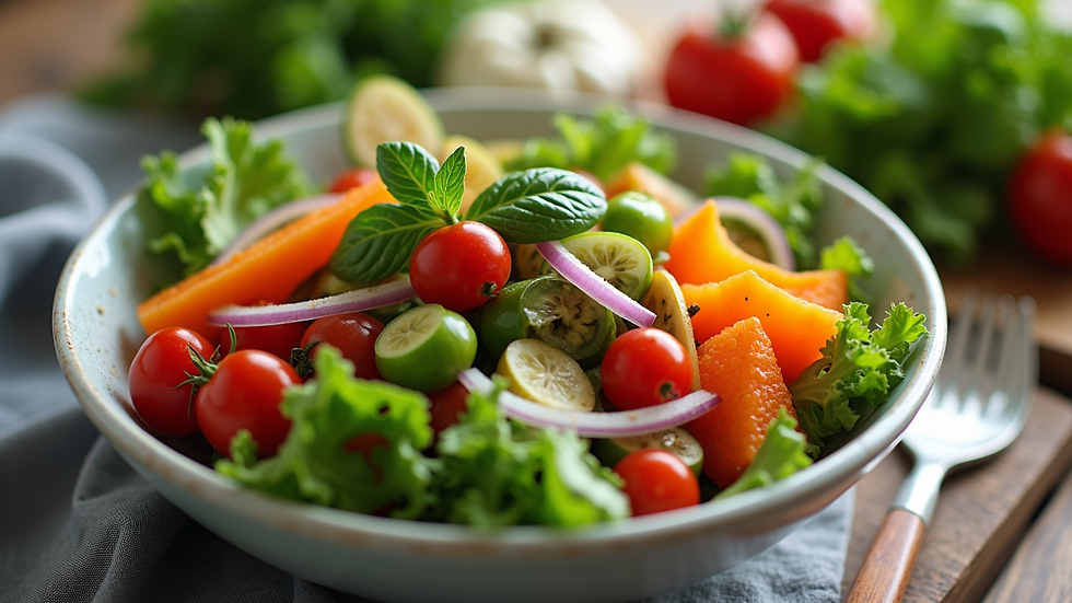 High angle view of a colorful salad bowl filled with fresh vegetables