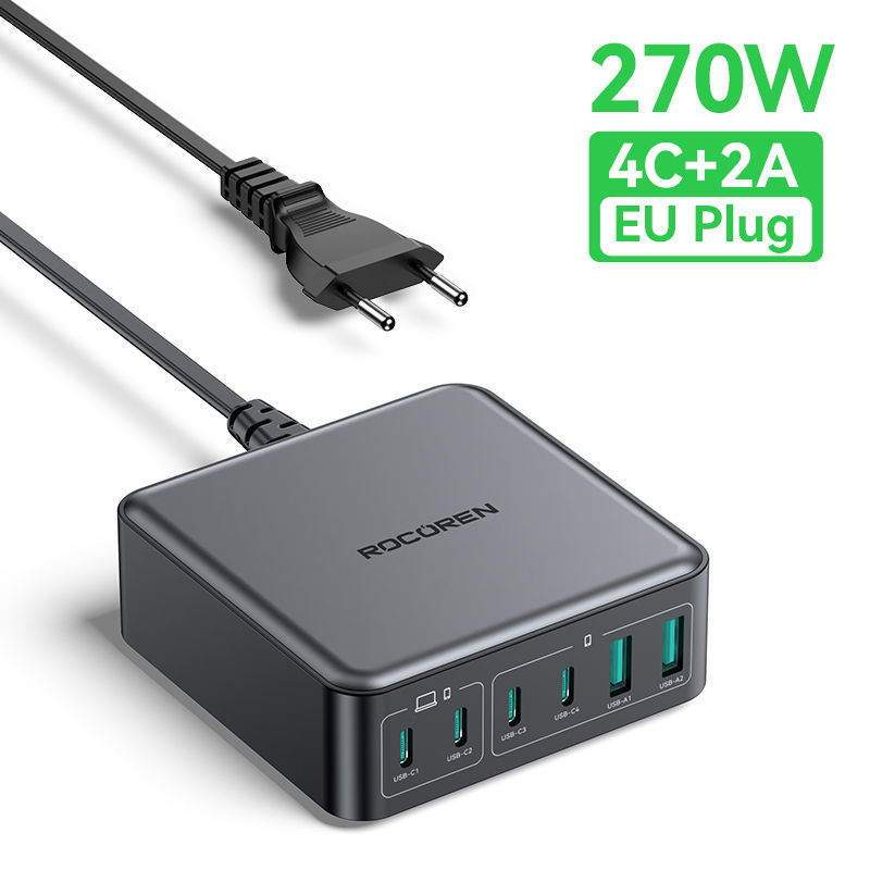 Thumbnail: Rocoren 200W GaN Charger PD Fast Charging USB Type C Charger 270W 6 in 1 USBC Po