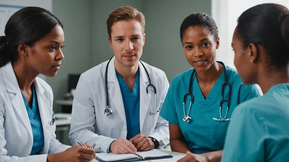 Close-up view of healthcare workers discussing issues