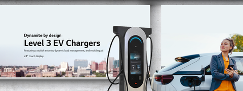 A woman stands by an EV car, looking at an LG EV Charger. Text on the left describes the product category.