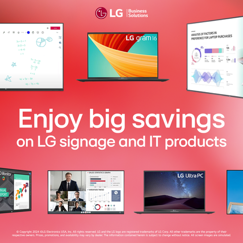 Multiple LG products on a pink background, with text advertising savings.