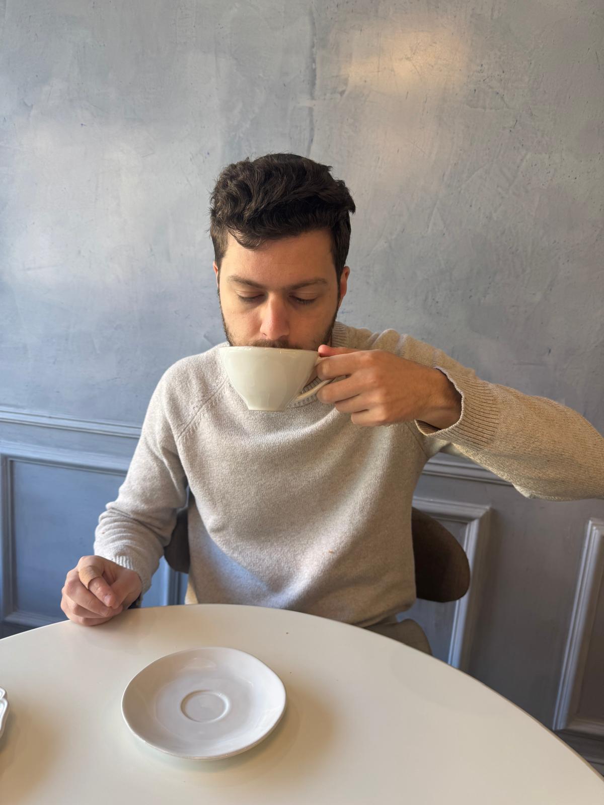 Yisroel Meroz having a coffee