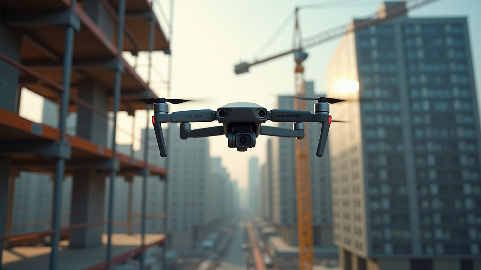 Eye-level view of a drone inspecting scaffolding on a construction site