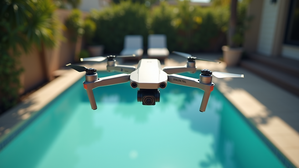 Eye-level view of a drone flying over a backyard pool area