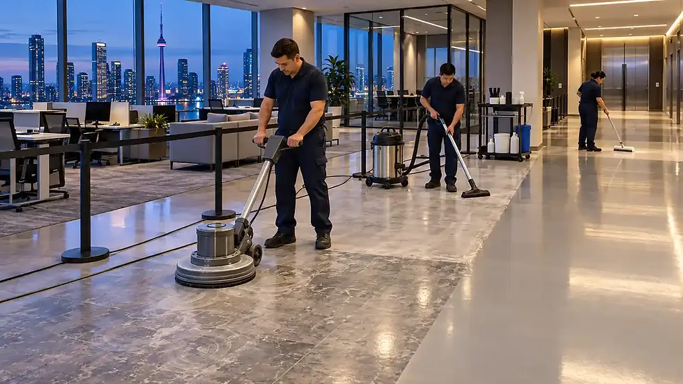 Floor-care technicians refinishing a floor inside a Toronto office tower