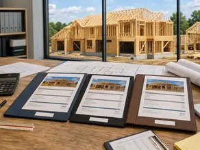 Residential framing quote comparison with architectural plans and construction site