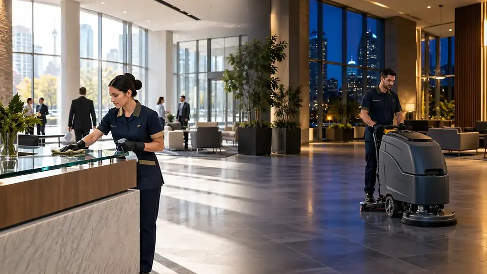 Daytime and nighttime commercial cleaning in an Ontario business facility