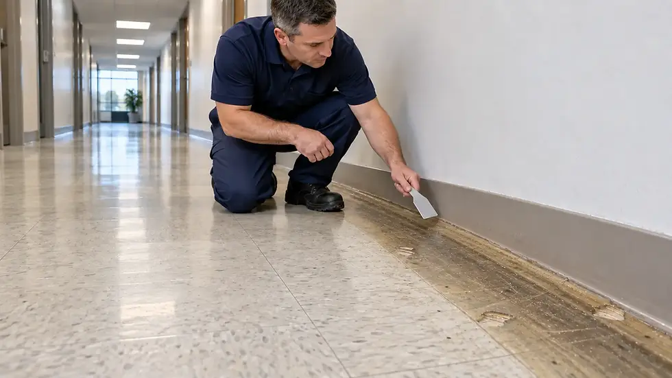 Technician inspecting heavy commercial floor finish buildup along a corridor edge