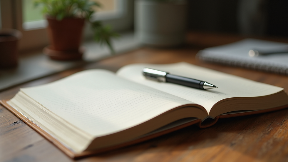 Close-up view of a journal and pen on a wooden table