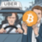 Cartoon illustration of a stressed Uber driver sweating at the wheel, with a smiling person beside him holding up a large Bitcoin symbol, representing financial freedom.