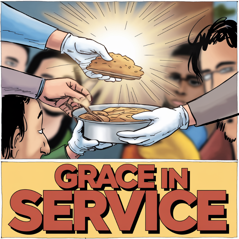 Close-up of hands serving food to the homeless with a radiant halo of light symbolizing grace. Includes Jesus24365.org and Jesus24365 Ministry.