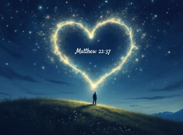 A stunning night scene where glowing stars form a radiant heart in the sky, inscribed with "Matthew 22:37". A solitary figure stands on a hill, gazing up in awe and worship, symbolizing the call to “Love the Lord your God with all your heart, soul, and mind.” Presented by Jesus24365.org and Jesus24365 Ministry to inspire deep faith, love, and connection with God.