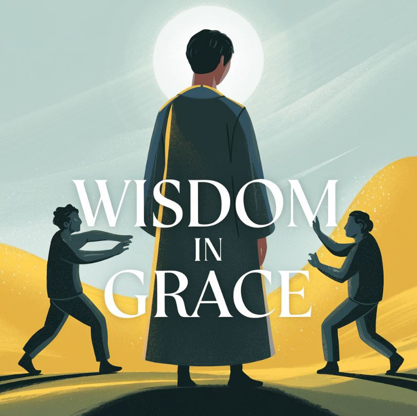 A powerful illustration of a calm figure standing at the center, illuminated by a glowing halo of light, symbolizing wisdom and grace. On either side, individuals caught in an argument reach out in conflict, while the central figure embodies patience, forgiveness, and clarity amidst the tension.