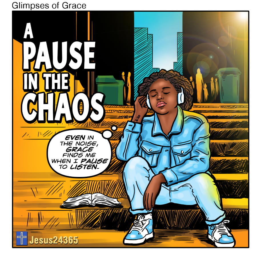 Zoe, a young Black woman dressed in a denim jacket and jeans, sits on city steps as golden light streaks through towering skyscrapers. Her headphones are on, eyes gently closed, hands relaxed in her lap as if she's listening to more than just music. Her worn Bible lies open beside her, a symbol of the Word grounding her in the noise of the city. The background is busy—silhouettes of people pass by, oblivious—but Zoe is still. Her tattoo of Galatians 2:20 is visible on her forearm. The comic’s title reads: “A Pause in the Chaos.” Her thought bubble says, “Even in the noise, grace finds me when I pause to listen.” This image captures sacred stillness in modern life. In a world of distractions, Zoe’s faith calls us to stop, breathe, and listen for the whisper of grace. Glimpses of Grace is a ministry of Jesus24365. Created by Jeff Neubauer, Founder of Jesus24365 Ministry. Subscribe to Jesus24365 Weekly to get 3x/week Glimpses of Grace with Bible study.