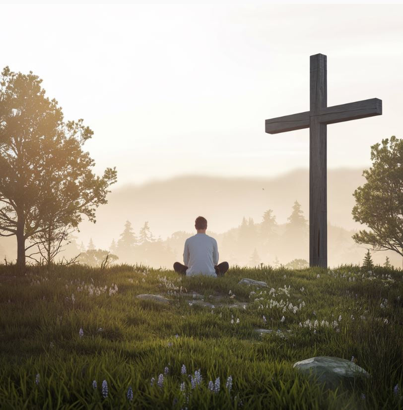 A person seated in quiet reflection facing a large wooden cross on a grassy hillside at sunrise, with trees and soft sunlight creating a peaceful atmosphere.