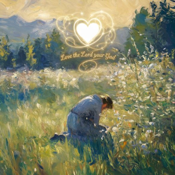 A peaceful painting of a person kneeling in a sunlit meadow, surrounded by flowers, seeking God in prayer. Above, a glowing heart with radiant light features the words "Love the Lord your God," symbolizing deep devotion and love. Presented by Jesus24365.org and Jesus24365 Ministry to inspire faith, love, and spiritual reflection
