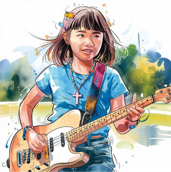 Watercolor image of Mia Chen, a young girl with dark hair, joyfully playing an electric guitar outdoors, her expression showing passion for music and faith.