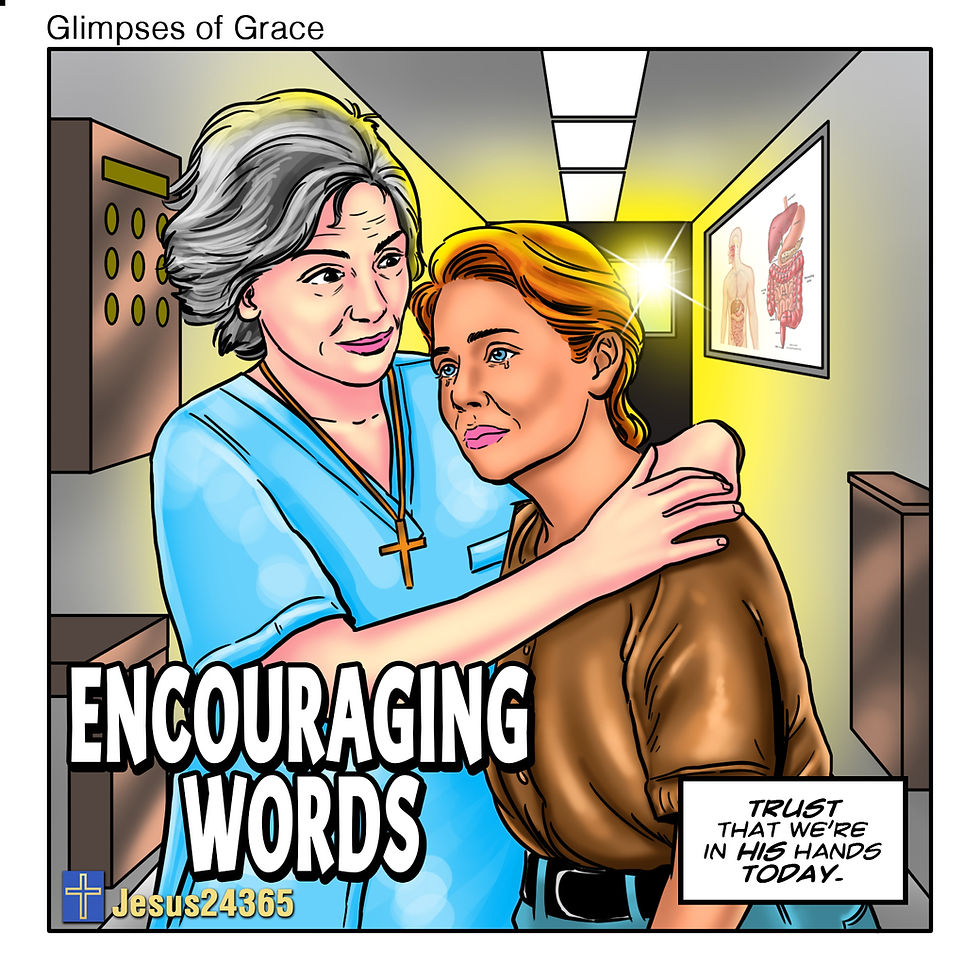 In a softly lit hallway, Maria gently rests a hand on the shoulder of a woman visibly overwhelmed. The woman’s head is bowed, eyes closed, clutching a tissue. Maria stands beside her—not with a sermon, but with presence. On the wall nearby, a simple framed cross hangs as sunlight streams through a narrow window. A quiet caption reads: “Trust that we’re in His hands today.” This image, from the Glimpses of Grace series by Jeff Neubauer, founder of Jesus24365 Ministry, captures the sacred strength of encouragement born from loss. After losing her husband Joseph to cancer, Maria struggled with unbearable grief. But slowly, God used her brokenness to bring comfort to others. This moment reflects how faith lives not just in pulpits—but in hallways, hugs, and whispered truth. Encouragement isn’t always loud. Sometimes it stands beside you and reminds you: You’re not alone. #FaithLikeMaria #Jesus24365 #GlimpsesOfGrace #EncouragingWords #CompassionHeals #GriefToGrace