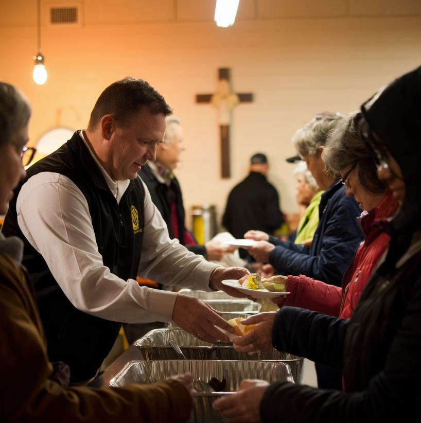 A depiction of a Christian leader serving with grace and truth, embodying Christ's example of love and humility in action