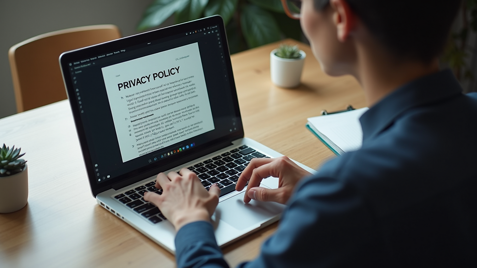 High angle view of a person typing on a laptop with a privacy policy draft on screen