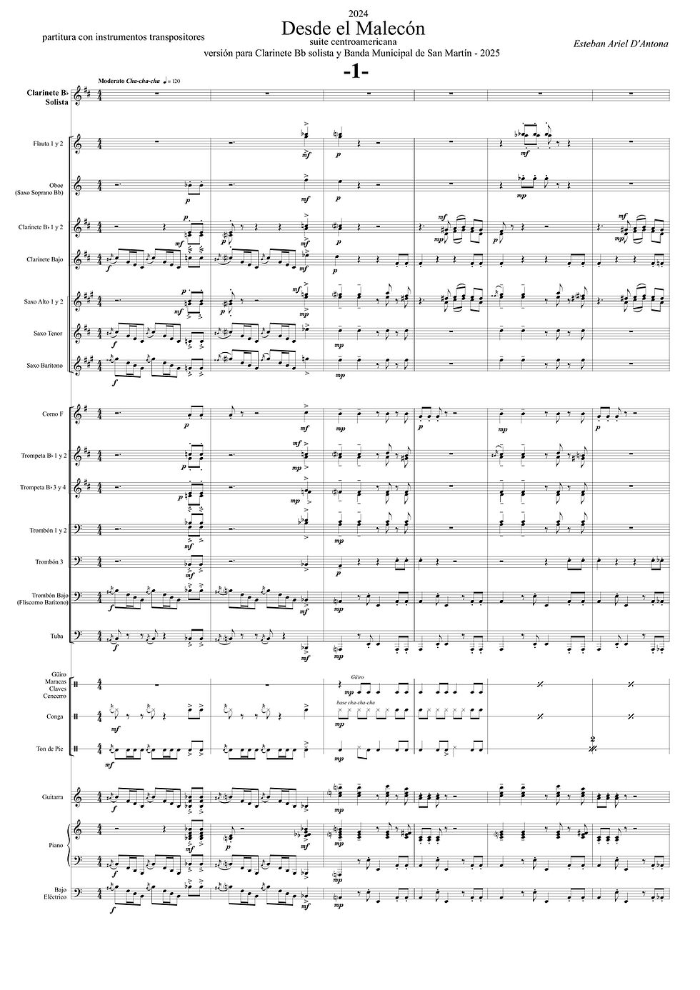 Primera página de la partitura de "Desde el Malecón" Suite Centroamericana para clarinete y orquesta de Esteban D'Antona