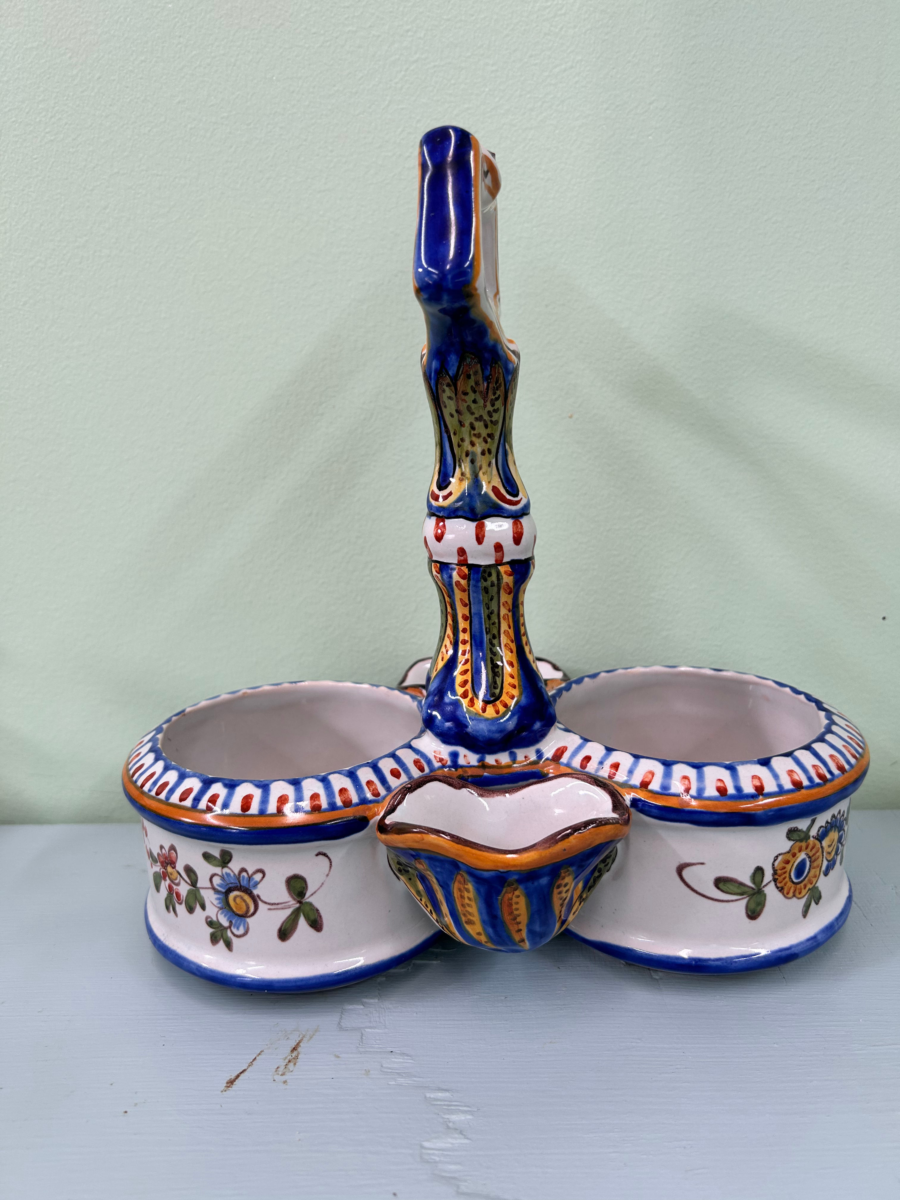 Vintage French Faience Style Condiment Set | Double Salt Cellar w/ Handle | Hand