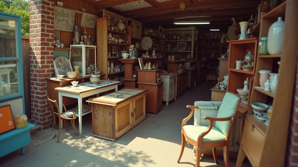 High angle view of a flea market booth with refurbished furniture