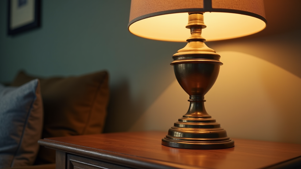 Close-up view of a vintage brass lamp on a wooden side table