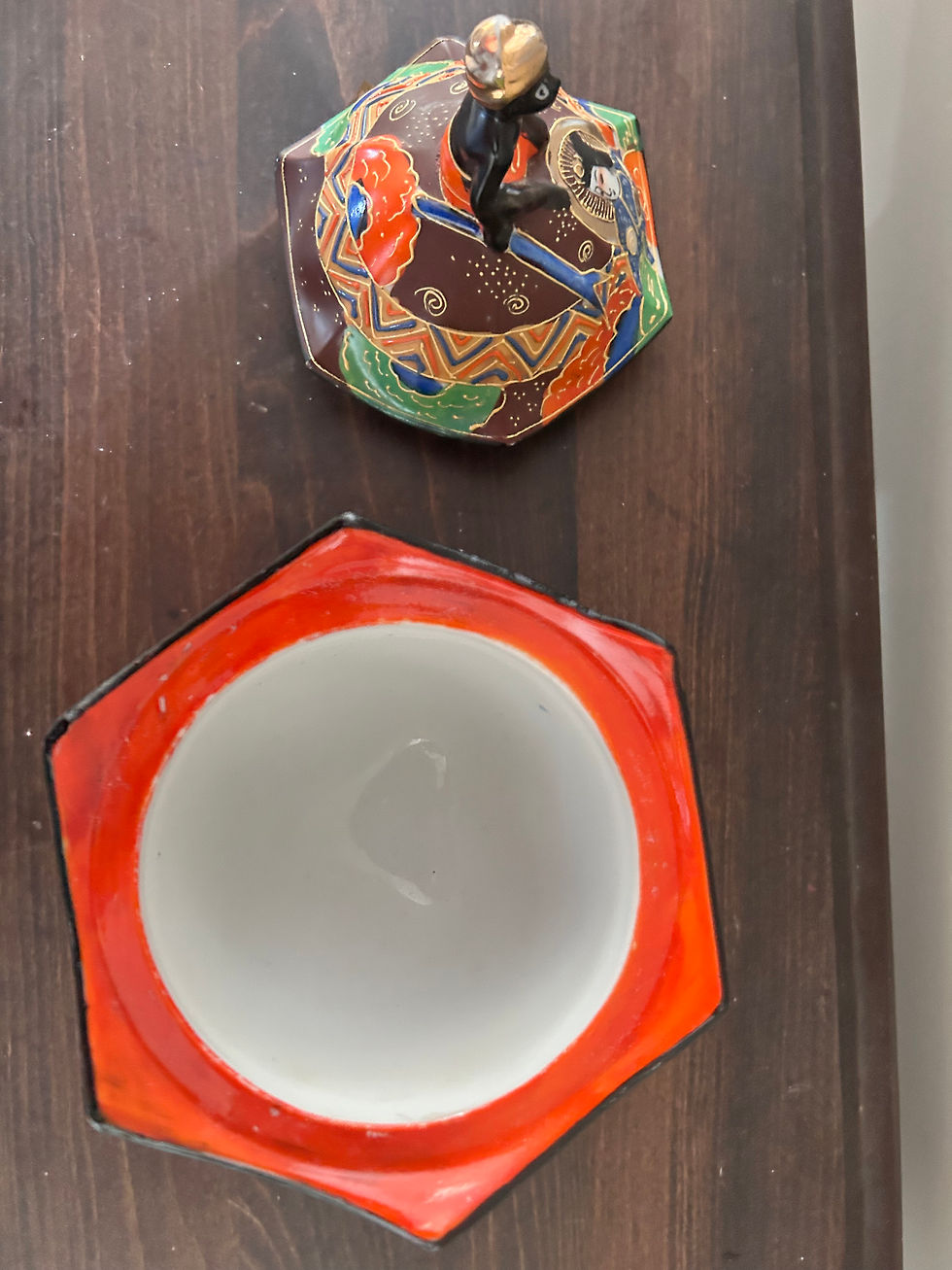 Thumbnail: Vintage Japanese Moriage Footed Trinket Jar with Figural Lid – Hand Painted – 8”