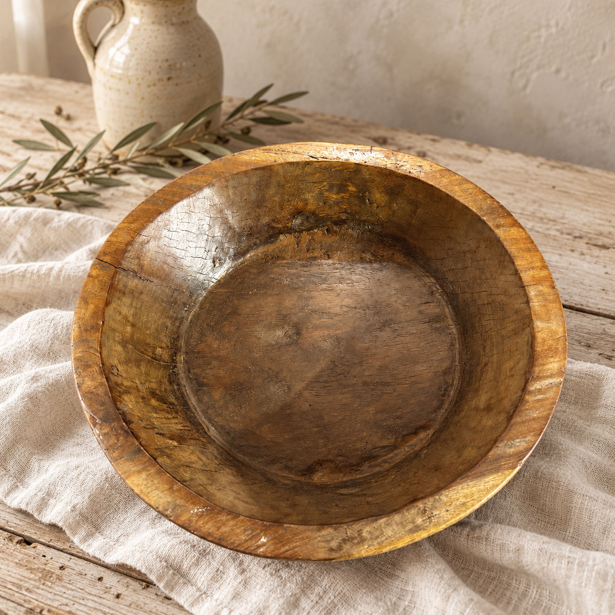 Antique European Turned-Wood Dairy Bowl – 15 Inch Late 19c