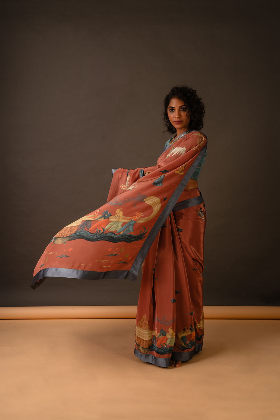 Manthan mythology-inspired saree featuring hand-drawn Samudra Manthan artwork by Leela