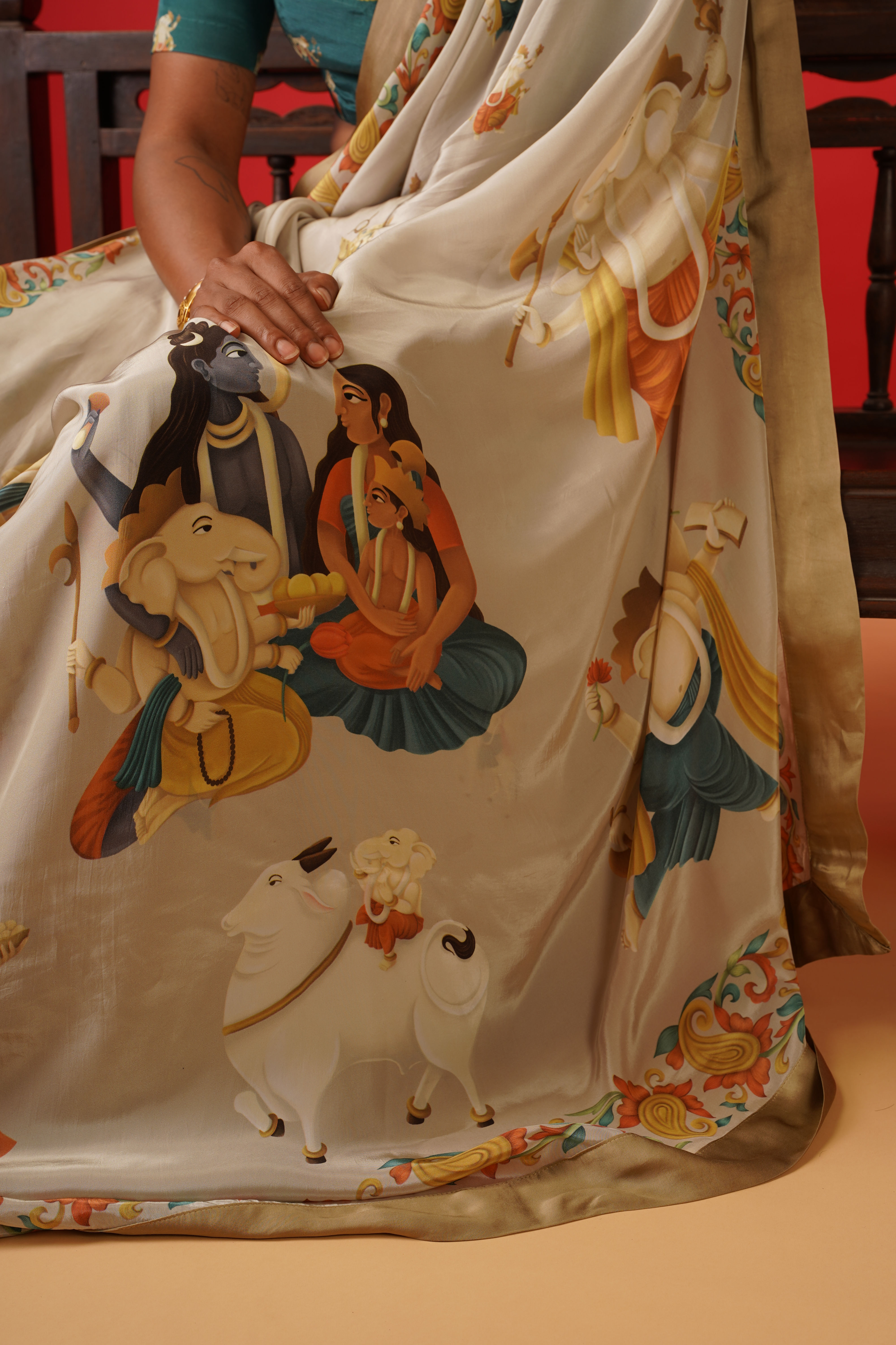 Ganesha mythology-inspired saree featuring hand-drawn Lord Ganesha artwork by Leela