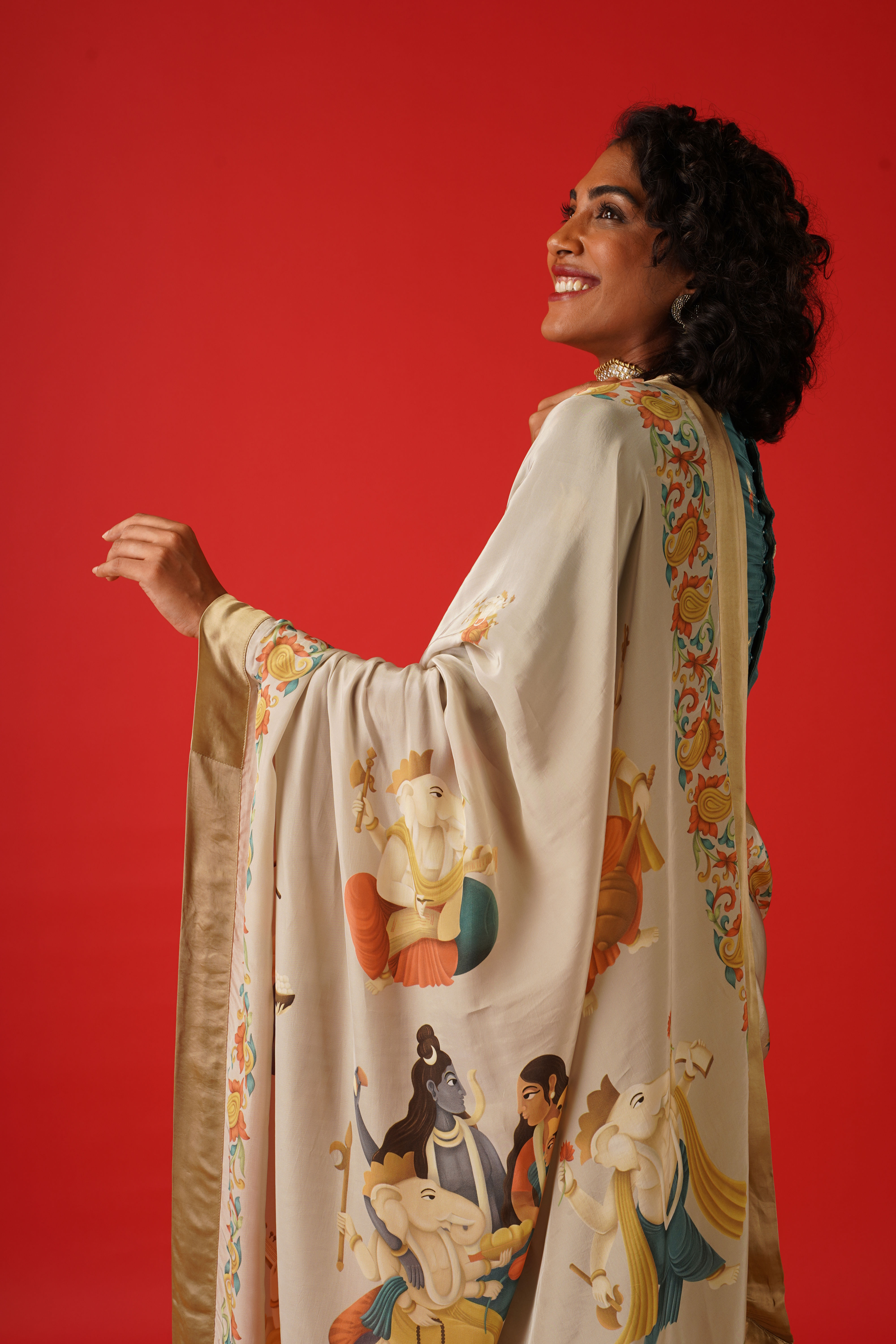 Ganesha mythology-inspired saree featuring hand-drawn Lord Ganesha artwork by Leela