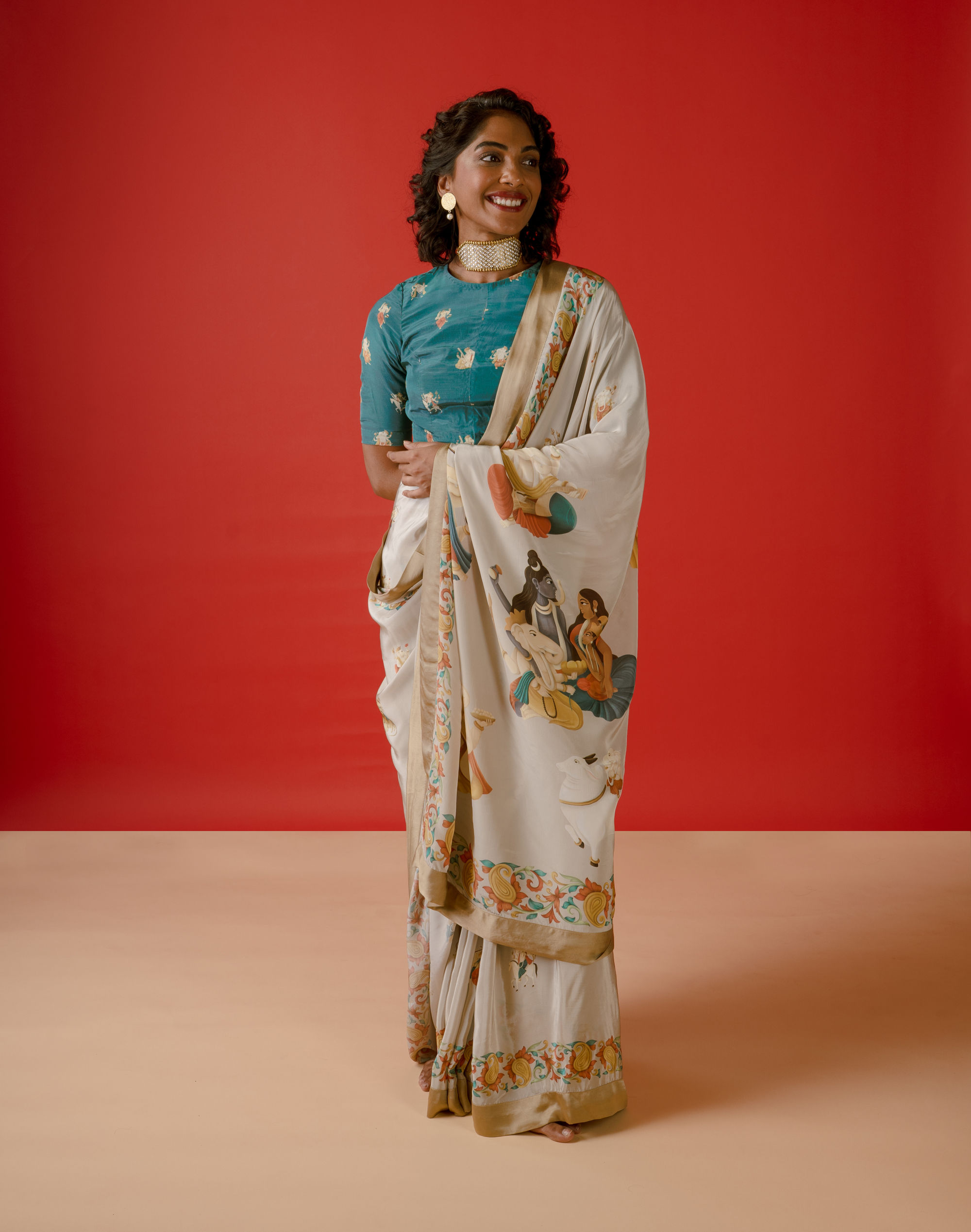 Ganesha mythology-inspired saree featuring hand-drawn Lord Ganesha artwork by Leela