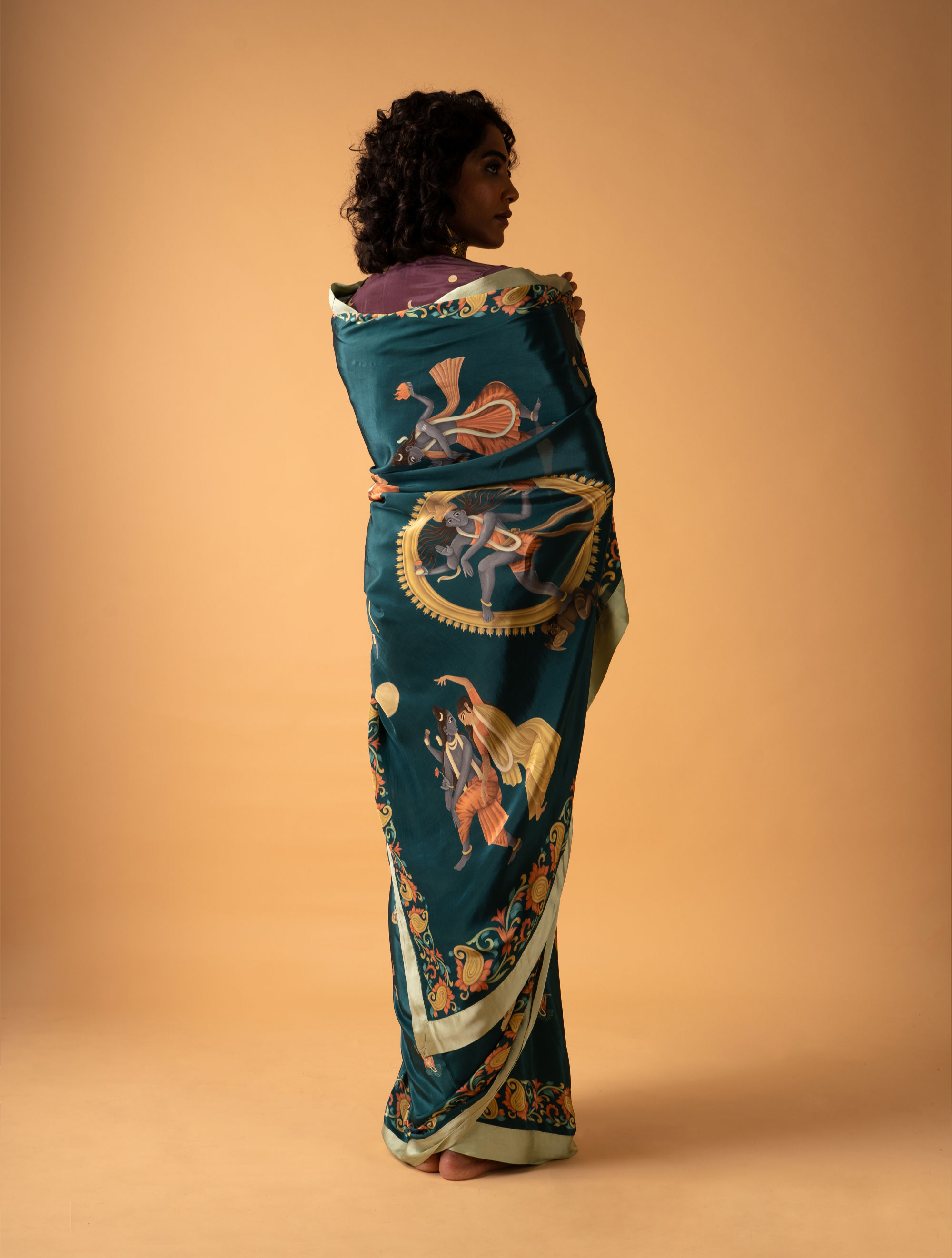 Tandav mythology-inspired saree featuring hand-drawn Nataraja and Shiva artwork by Leela