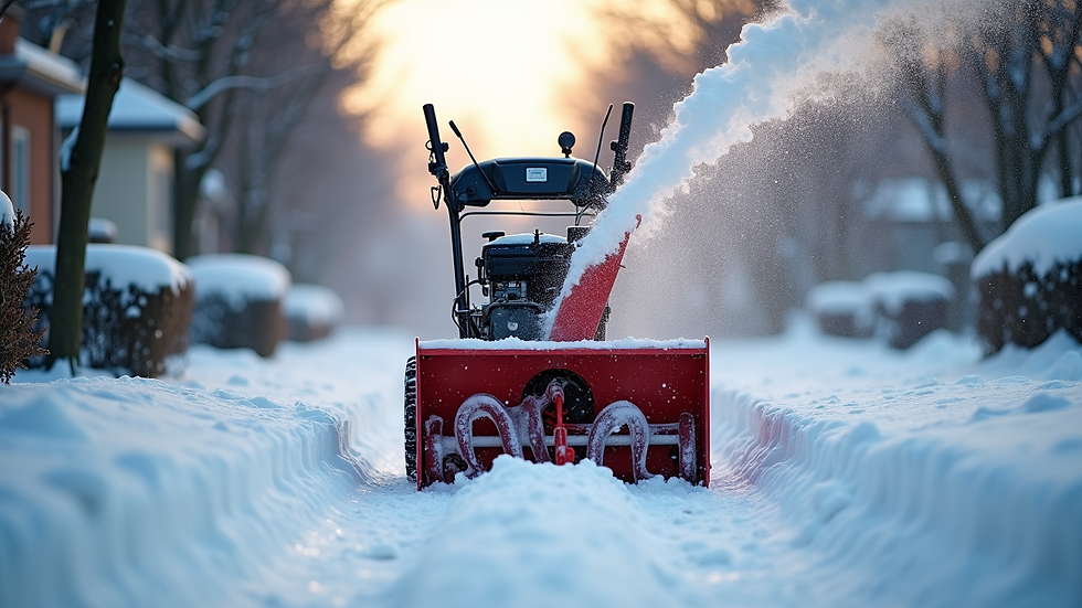 Close-up view of a snowblower clearing a residential driveway