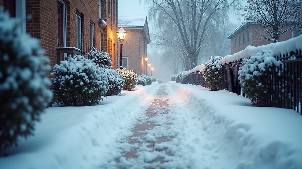 High angle view of a snow-covered residential walkway being cleared