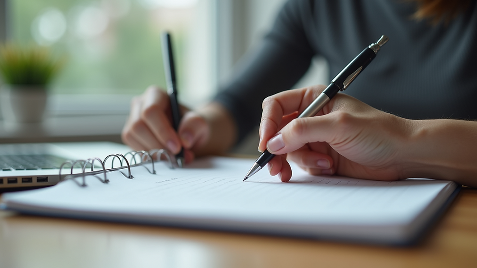 Close-up view of a person writing in a health journal