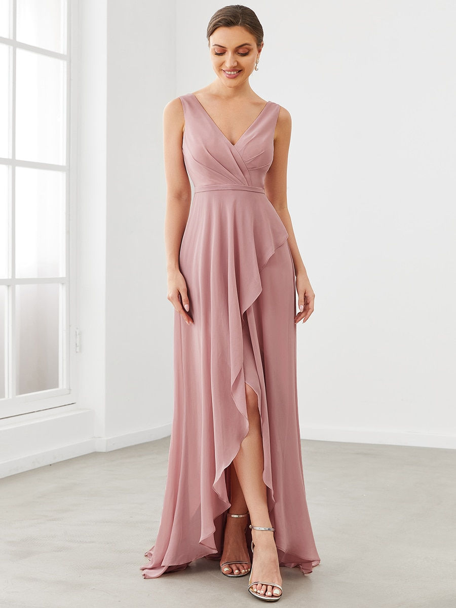Thumbnail: Chiffon Ruffled Hem Front Slit V-Neck Sleeveless Bridesmaid Dress