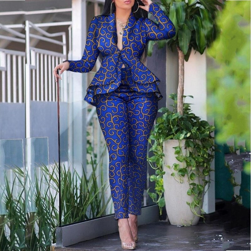 Миниатюра: Two Piece Set Women Long Sleeve Solid Ruffles Design Top & Skinny Pencil Pant
