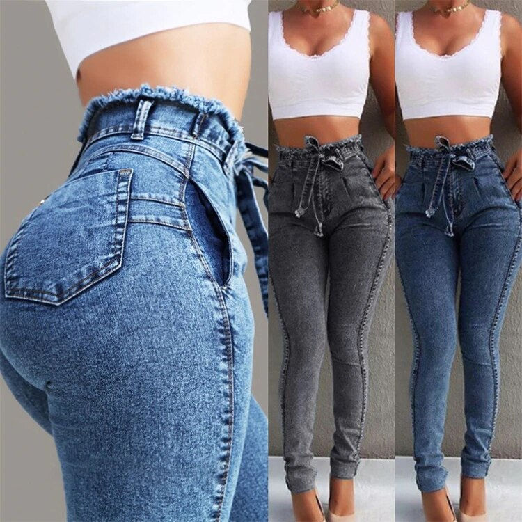 Thumbnail: High Waist Jeans For Women Slim Stretch Denim Jean Bodycon Tassel Belt