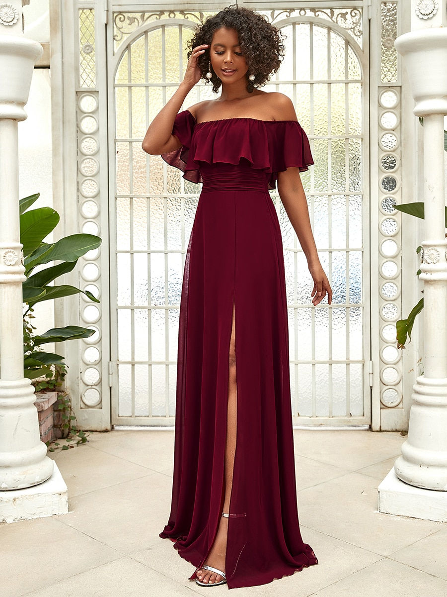 Thumbnail: Off the Shoulder Ruffle Bodice Long Flowy Chiffon Bridesmaid Dress