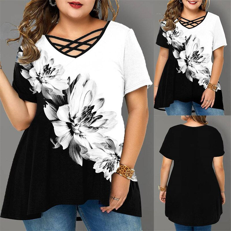 Thumbnail: Women's Plus Size Tops T shirt Floral Print Short Sleeve V Neck Streetwear Daily