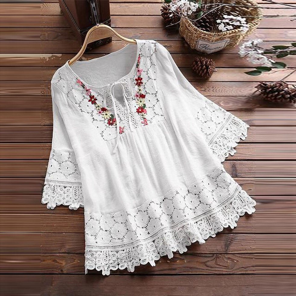 Thumbnail: 2022 Women's Lace Crochet Blouse Elegant Embroidery Tops Hollow Lace Up