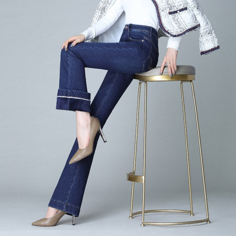 Thumbnail: Winter Fleece Flared Pants Jeans Women New Fashion High Waist Stretch Slim