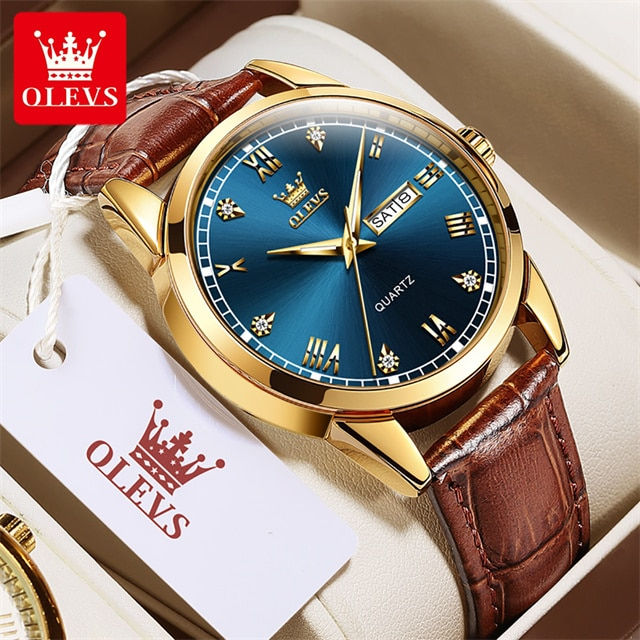 Thumbnail: OLEVS Original Men's Quartz Watch Leather Strap Diamond Design Fashion