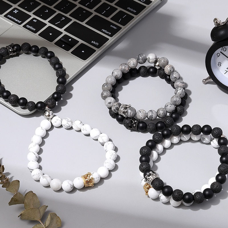 Thumbnail: 8mm Natural Stone Micro Pave Crown King Queen Beads His and Hers Couple