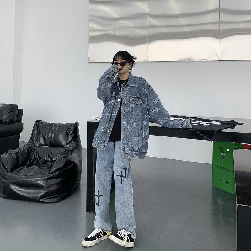 Thumbnail: Streetwear Cross Embroidery Jeans Woman High Waist Y2k Straight Baggy Pants