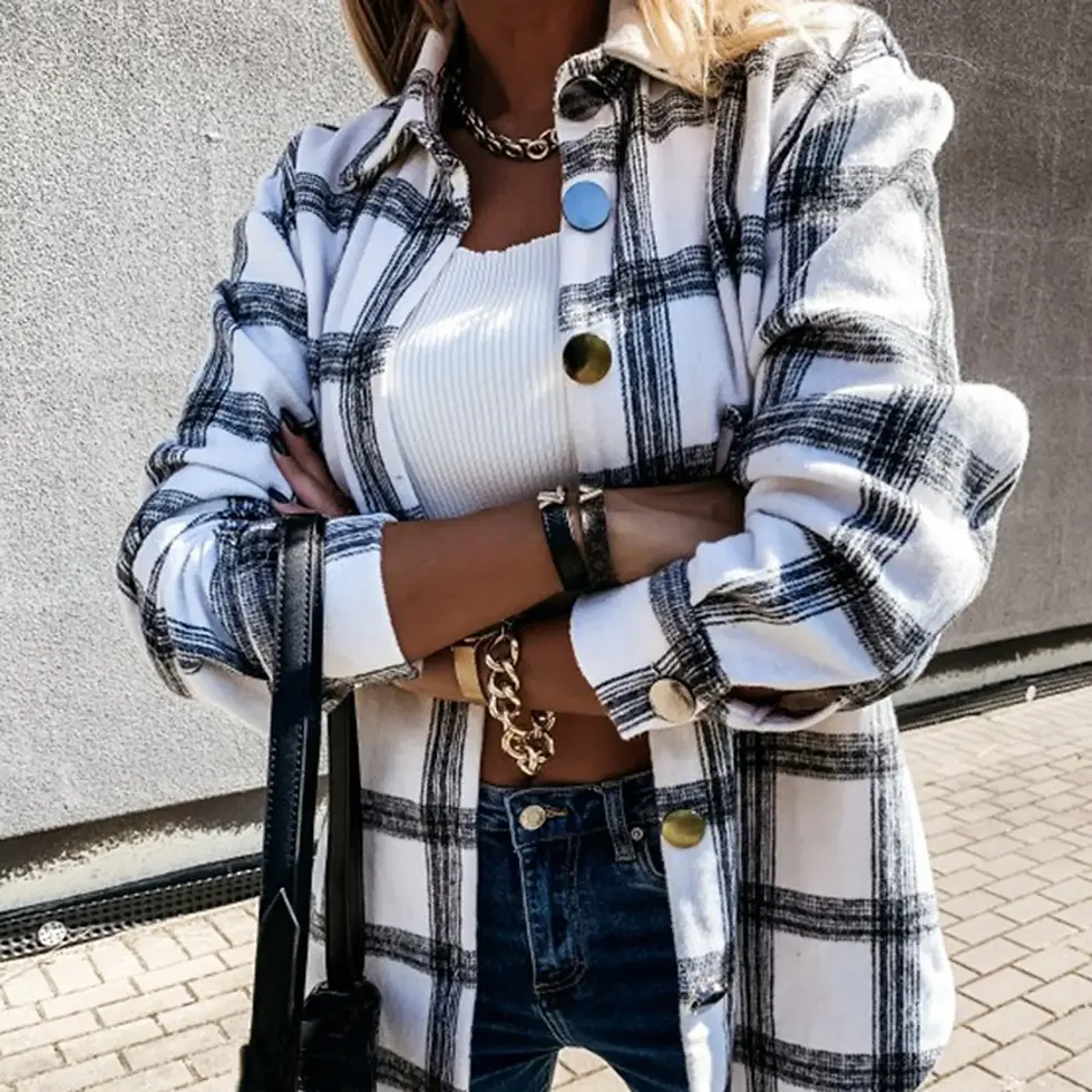 Miniatura: 2023 NEW Coats for Women Ladies Long Sleeve Loose Casual Retro Plaid Shirt Jack